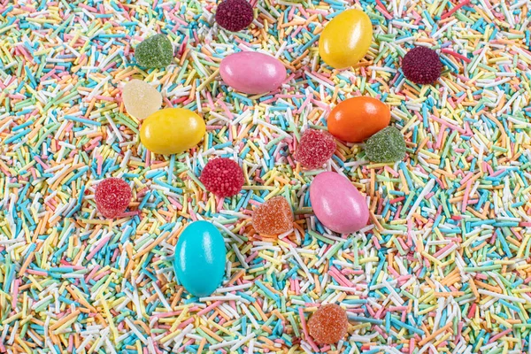 Variety Candies Wooden Background Space Text Colorful Sugar Sprinkles Easter — Stock Photo, Image