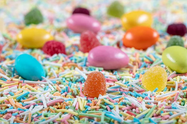 Variety Candies Wooden Background Space Text Colorful Sugar Sprinkles Easter — Stock Photo, Image