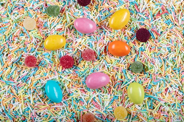 Variety Candies Wooden Background Space Text Colorful Sugar Sprinkles Easter — Stock Photo, Image