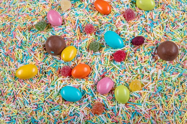 Variety Candies Wooden Background Space Text Colorful Sugar Sprinkles Easter — Stock Photo, Image