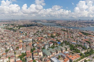 İstanbul hava fotoğrafı; Sultanahmet Meydanı, Cemberlitas, Grand Bazaar, Beyazit Meydanı, helikopterden görüntü.