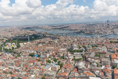 İstanbul hava fotoğrafı; Sultanahmet Meydanı, Cemberlitas, Grand Bazaar, Beyazit Meydanı, helikopterden görüntü.