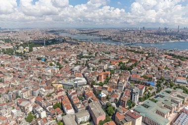 İstanbul hava fotoğrafı; Sultanahmet Meydanı, Cemberlitas, Grand Bazaar, Beyazit Meydanı, helikopterden görüntü.