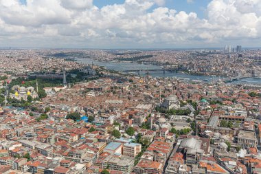 İstanbul hava fotoğrafı; Sultanahmet Meydanı, Cemberlitas, Grand Bazaar, Beyazit Meydanı, helikopterden görüntü.