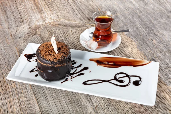 Chocolate Cake Coffee Cup Tea Wooden Table — Stockfoto