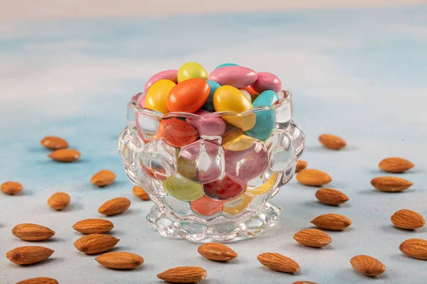 Almond candies.Colorful candies background top view, almond sweets.