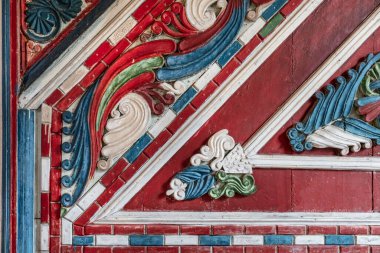 Artvin, Macahel, Türkiye - 25 Temmuz 2015; Artvin Macahel Camili Köyü 'ndeki tarihi Camii Camii' nin iç manzarası. Cami el boyası ve ahşap süslemeleriyle ünlüdür..