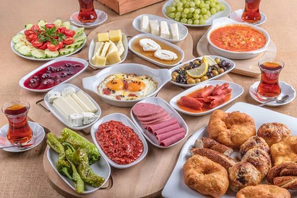 Turco Desayuno Conjunto Platos Una Mesa Hermoso Diseño Preparación Del — Foto de Stock