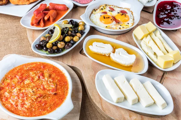 Turkish Breakfast Set Dishes Table Beautiful Layout Preparing Turkish Breakfast — Stock Photo, Image