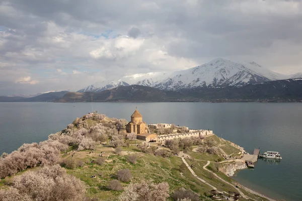 Amazing spring view of Armenian Church of the Holy Cross on Akdamar Island (Akdamar Adasi), Lake Van/Turkey. Surrounded by tree in blossom, in a middle of Akdamar Island.