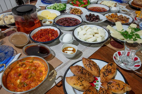 Traditional Village Turkish Breakfast Wooden Table Colorful Fresh Organic Spreading — Stock Photo, Image
