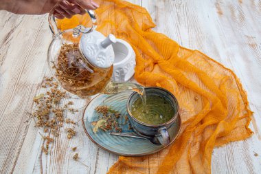 Şeffaf cam çaydanlık ve ıhlamur çayı. İlaç bitkisi, bitkisel çaylarda kullanılan çiçekler, tentürler. Bitki limon ağacı çayı. Kapat. Boşluğu kopyala