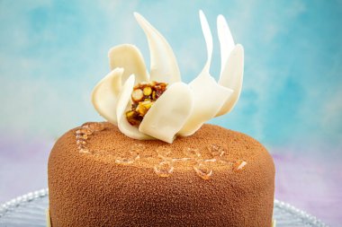 Çikolatalı pasta, pembe ahşap arka planda mutlu doğum günü pastası. Pastane konsepti.