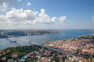 İstanbul, Türkiye - 09 Haziran 2013; İstanbul 'daki İstanbul Köprüsü - Asya ile Avrupa' yı birbirine bağlayan. Helikopterden çekilen İstanbul silueti.