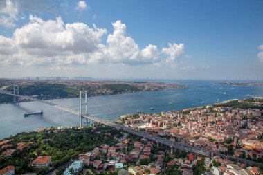 İstanbul, Türkiye - 09 Haziran 2013; İstanbul 'daki İstanbul Köprüsü - Asya ile Avrupa' yı birbirine bağlayan. Helikopterden çekilen İstanbul silueti.