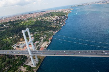 İstanbul, Türkiye - 09 Haziran 2013; İstanbul 'daki İstanbul Köprüsü - Asya ile Avrupa' yı birbirine bağlayan. Helikopterden çekilen İstanbul silueti.