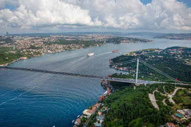 İstanbul, Türkiye - 9 Haziran 2013; İstanbul helikopterden manzara. İstanbul, Beykoz Fatih Sultan Mehmet Köprüsü. Helikopterden ateş ediliyor..