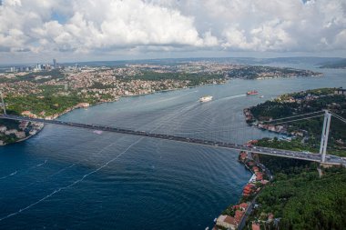 İstanbul, Türkiye - 9 Haziran 2013; İstanbul helikopterden manzara. İstanbul, Beykoz Fatih Sultan Mehmet Köprüsü. Helikopterden ateş ediliyor..