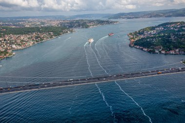 İstanbul, Türkiye - 9 Haziran 2013; İstanbul helikopterden manzara. İstanbul, Beykoz Fatih Sultan Mehmet Köprüsü. Helikopterden ateş ediliyor..