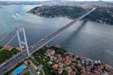 İstanbul, Türkiye - 9 Haziran 2013; İstanbul helikopterden manzara. İstanbul, Beykoz Fatih Sultan Mehmet Köprüsü. Helikopterden ateş ediliyor..