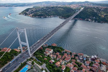 İstanbul, Türkiye - 9 Haziran 2013; İstanbul helikopterden manzara. İstanbul, Beykoz Fatih Sultan Mehmet Köprüsü. Helikopterden ateş ediliyor..