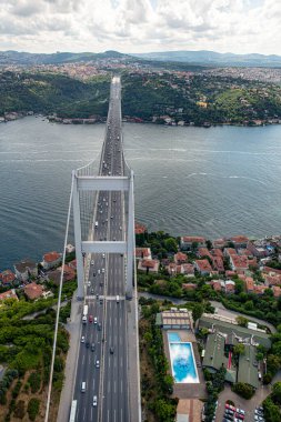 İstanbul, Türkiye - 9 Haziran 2013; İstanbul helikopterden manzara. İstanbul, Beykoz Fatih Sultan Mehmet Köprüsü. Helikopterden ateş ediliyor..
