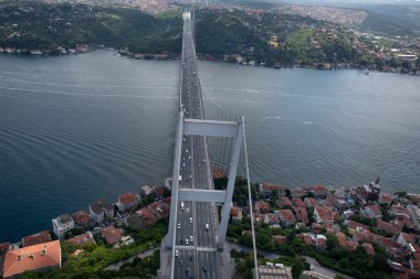İstanbul, Türkiye - 9 Haziran 2013; İstanbul helikopterden manzara. İstanbul, Beykoz Fatih Sultan Mehmet Köprüsü. Helikopterden ateş ediliyor..