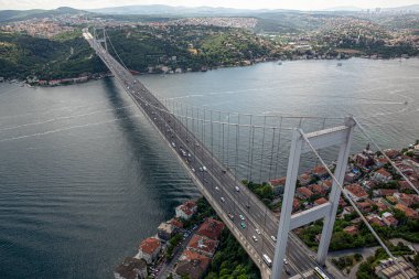İstanbul, Türkiye - 9 Haziran 2013; İstanbul helikopterden manzara. İstanbul, Beykoz Fatih Sultan Mehmet Köprüsü. Helikopterden ateş ediliyor..