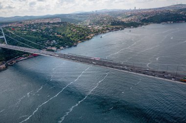 İstanbul, Türkiye - 9 Haziran 2013; İstanbul helikopterden manzara. İstanbul, Beykoz Fatih Sultan Mehmet Köprüsü. Helikopterden ateş ediliyor..