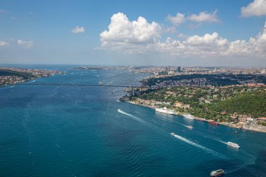 İstanbul, Türkiye - 9 Haziran 2013; İstanbul helikopterden İstanbul manzarası. Helikopterden İstanbul Köprüsü manzarası. Helikopterden ateş ediliyor..