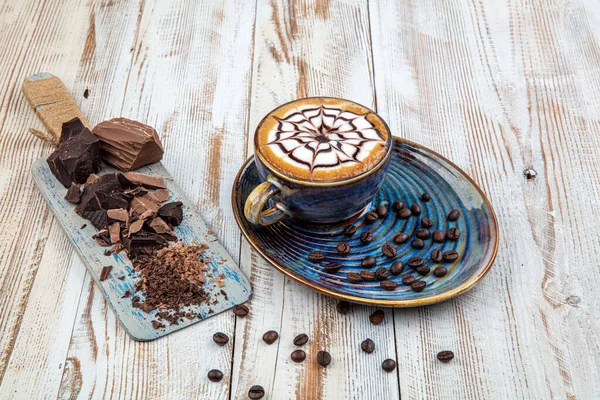 Latte Art Auf Holztisch Eine Tasse Kaffee Cappuccino Kunst Cappuccino — Stockfoto