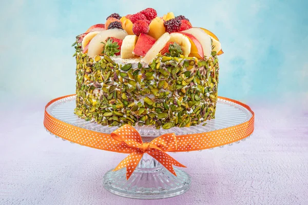 Mixed fruit cake. Birthday cake / birthday cake with fresh fruits.