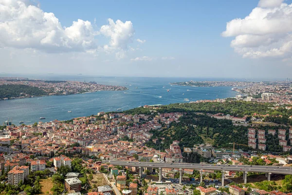 stock image Istanbul, Turkey - June 9, 2013; Istanbul skyline from helicopter. Historical peninsula, Maiden's Tower, Uskudar, Ortakoy, Bosphorus and Marmara Sea. Shooting from the helicopter Istanbul skyline.