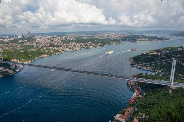 İstanbul, Türkiye - 9 Haziran 2013; İstanbul helikopterden manzara. İstanbul, Beykoz Fatih Sultan Mehmet Köprüsü. Helikopterden ateş ediliyor..