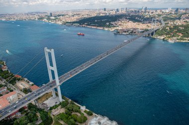 İstanbul, Türkiye - 9 Haziran 2013; İstanbul helikopterden İstanbul manzarası. Helikopterden İstanbul Köprüsü manzarası. Helikopterden ateş ediliyor..