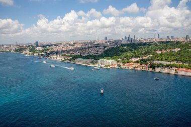 İstanbul, Türkiye - 9 Haziran 2013; İstanbul helikopterden manzara. Ortakoy, Beşiktaş, Ciragan Sarayı Kempinski, helikopterden Dolmabahce Sarayı manzarası. Helikopterden ateş ediliyor..