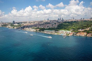 İstanbul, Türkiye - 9 Haziran 2013; İstanbul helikopterden manzara. Ortakoy, Beşiktaş, Ciragan Sarayı Kempinski, helikopterden Dolmabahce Sarayı manzarası. Helikopterden ateş ediliyor..