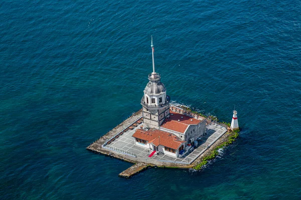 Maiden\'s tower Aerial Shooting. Aerial Helicopter View of Maiden\'s Tower in Uskudar Istanbul / Kiz Kulesi, Turkey