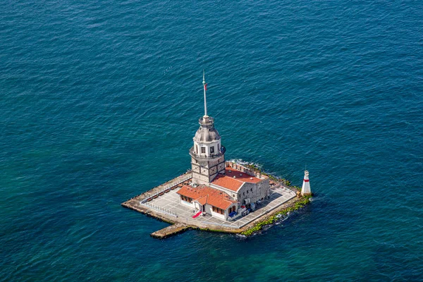 Maiden\'s tower Aerial Shooting. Aerial Helicopter View of Maiden\'s Tower in Uskudar Istanbul / Kiz Kulesi, Turkey