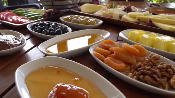 Turkish Breakfast Set Dishes Table Beautiful Layout Video Preparing Turkish — Stock Video