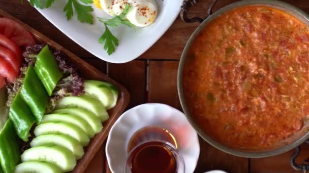 Turkish Breakfast Set Dishes Table Beautiful Layout Video Preparing Turkish — Stock Video