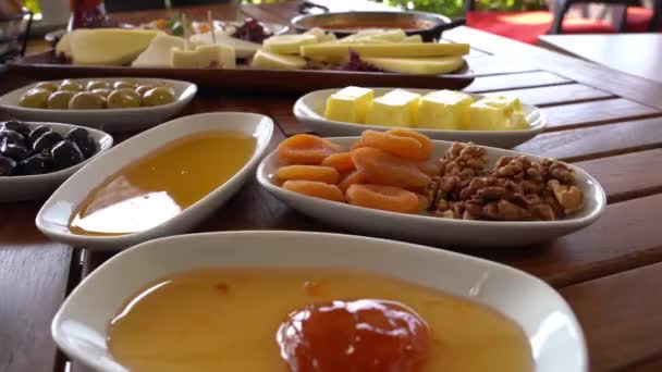 Turkish Breakfast Set Dishes Table Beautiful Layout Video Preparing Turkish — Stock Video