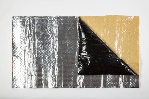 Aluminum coated car sound insulation bitumen membrane. Car Sound Deadening Mat, Butyl Automotive Sound Deadener, Audio Noise Insulation and Dampening.