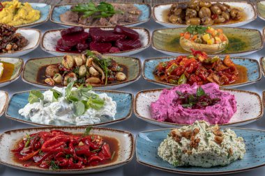 Geleneksel Türk ve Yunan yemek meze masası. Türk Mutfağı Soğuk Aperatifleri (zeytinyağlı aperatifler). Türk aperatifleri renkli tabaklarda. Yoğurt ve çeşitli haşlanmış otlar.