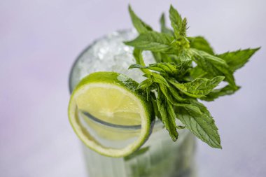 Mojito kokteyli uzun süre içilir geleneksel Küba taze tropikal içecek üst görünüm kopyalama alanı iki viski bardağı, rom, nane, limon suyu, soda ve buz beyaz beton masa üzerinde..