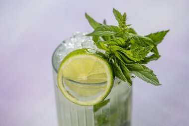 Mojito kokteyli uzun süre içilir geleneksel Küba taze tropikal içecek üst görünüm kopyalama alanı iki viski bardağı, rom, nane, limon suyu, soda ve buz beyaz beton masa üzerinde..