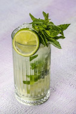 Mojito kokteyli uzun süre içilir geleneksel Küba taze tropikal içecek üst görünüm kopyalama alanı iki viski bardağı, rom, nane, limon suyu, soda ve buz beyaz beton masa üzerinde..