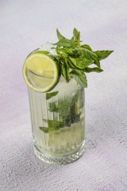 Mojito kokteyli uzun süre içilir geleneksel Küba taze tropikal içecek üst görünüm kopyalama alanı iki viski bardağı, rom, nane, limon suyu, soda ve buz beyaz beton masa üzerinde..