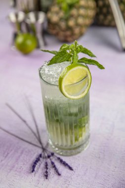 Mojito kokteyli uzun süre içilir geleneksel Küba taze tropikal içecek üst görünüm kopyalama alanı iki viski bardağı, rom, nane, limon suyu, soda ve buz beyaz beton masa üzerinde..