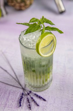 Mojito kokteyli uzun süre içilir geleneksel Küba taze tropikal içecek üst görünüm kopyalama alanı iki viski bardağı, rom, nane, limon suyu, soda ve buz beyaz beton masa üzerinde..